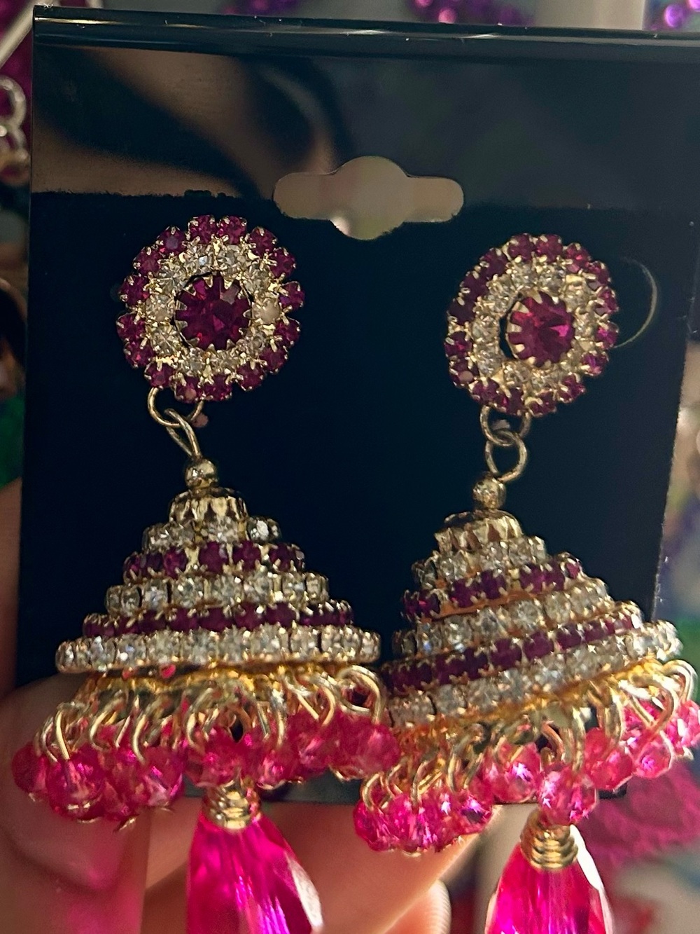 Gold-Tone Pink Crystal Jhumka Earrings - Picture 3 of 7